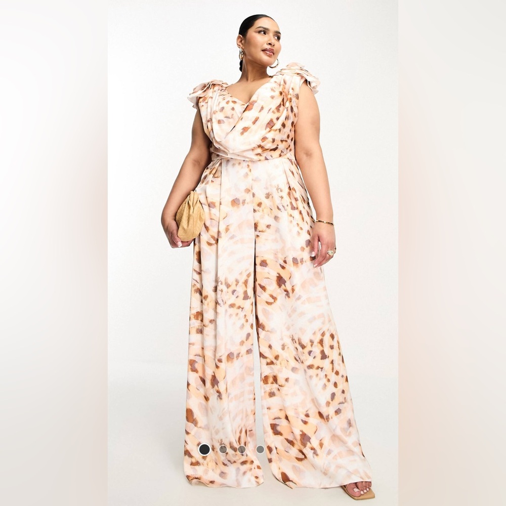 ASOS LUXE Curve satin corsage plunge neck wide leg jumpsuit